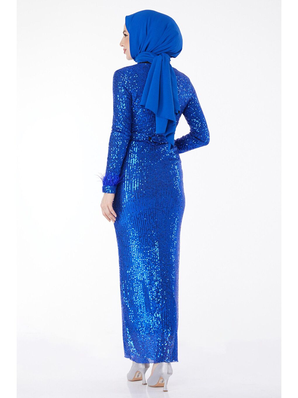Düz Hakim Yaka Kadın Mavi Abiye Elbise - 23653-4