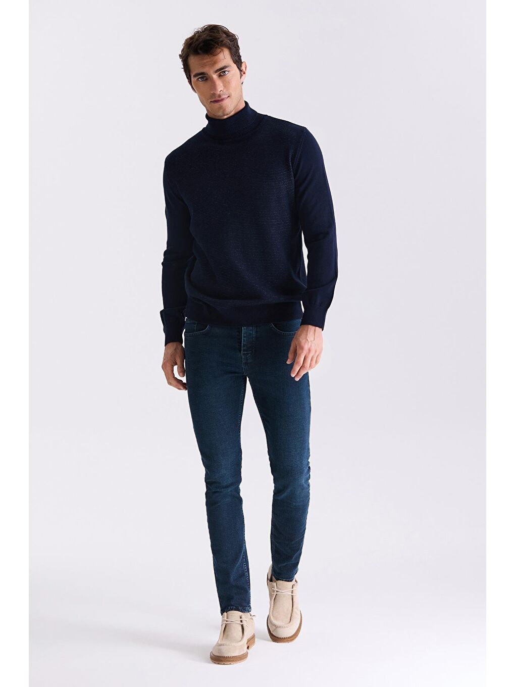 Lacivert Slim Fit Tam Balıkçı Yaka Triko Kazak-1