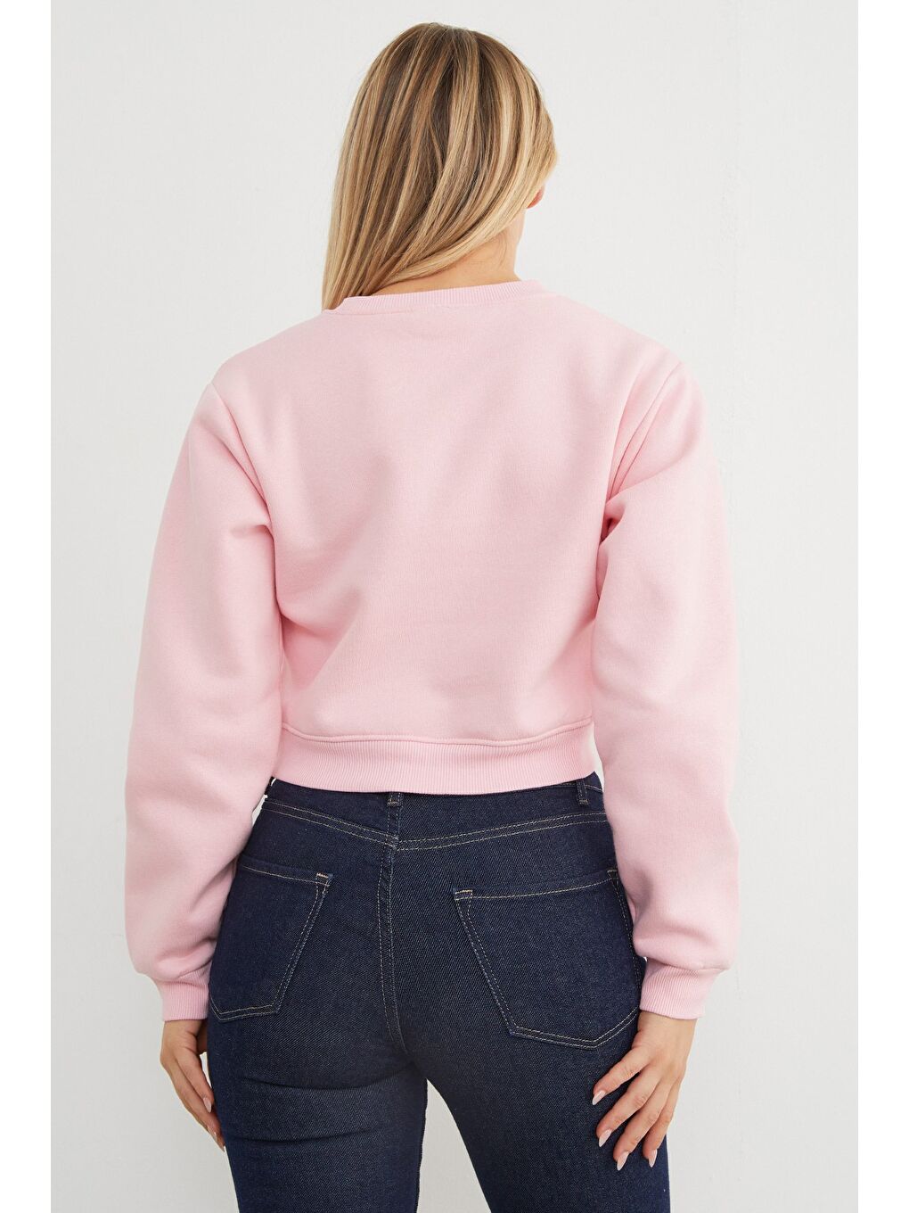 Pembe 3 İplik California Yazı Baskılı Crop Sweatshirt-2