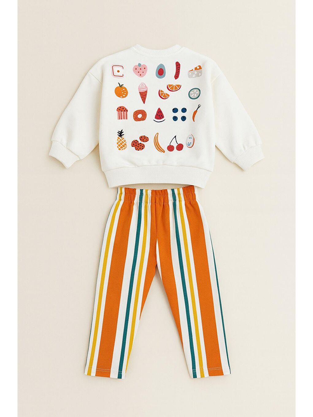 Karışık Unisex Çocuk Pamuklu Beyaz Meyve Baskılı Sweatshirt Ve Çizgili Pantolon Takım