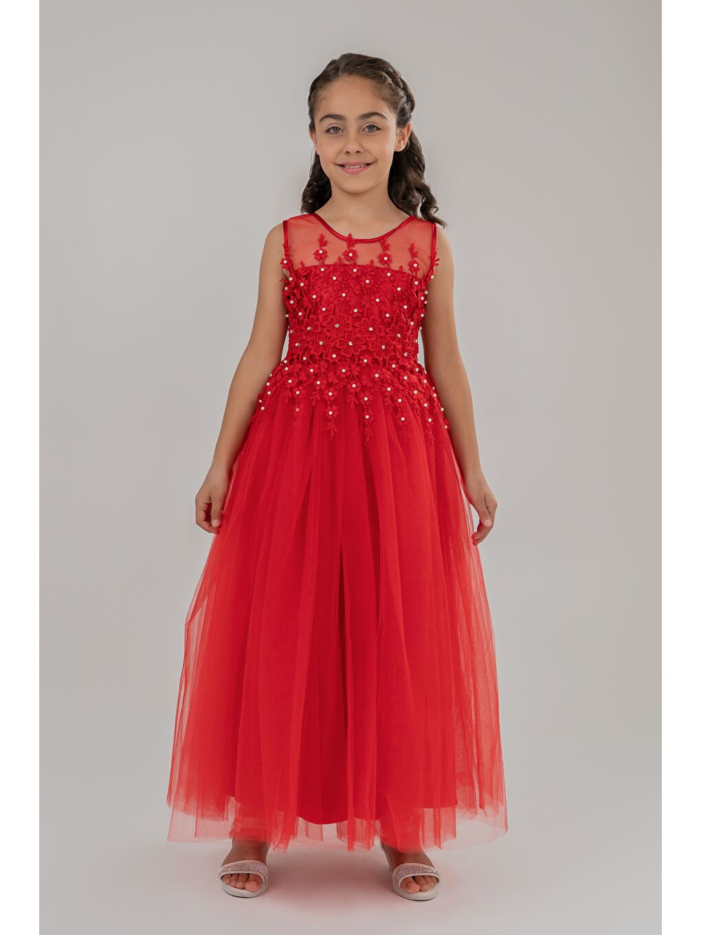 Kırmızı Güpür Model Gelinlik Çocuk Kolsuz Abiye MNK0469