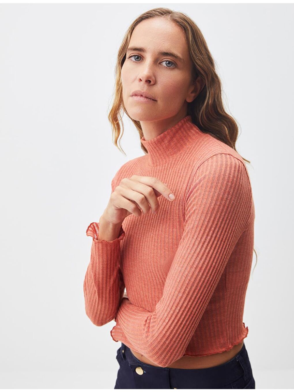 Kahverengi Tuğla Rengi Balıkçı Yaka Uzun Kollu Basic Örme Bluz