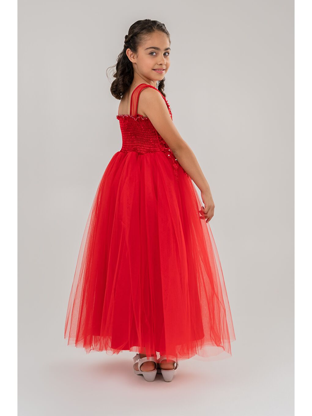 Kırmızı Güpür Model Gelinlik Çocuk Kolsuz Abiye MNK0469-4