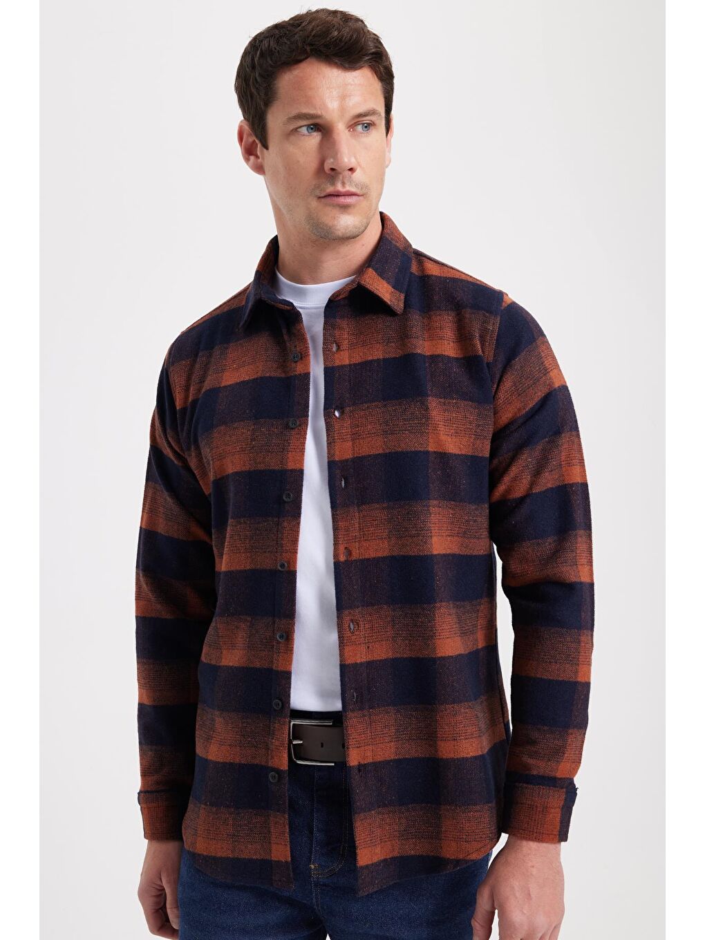 Kahverengi Erkek Slim Fit Dar Kesim Kareli Kışlık Oduncu Gömlek
