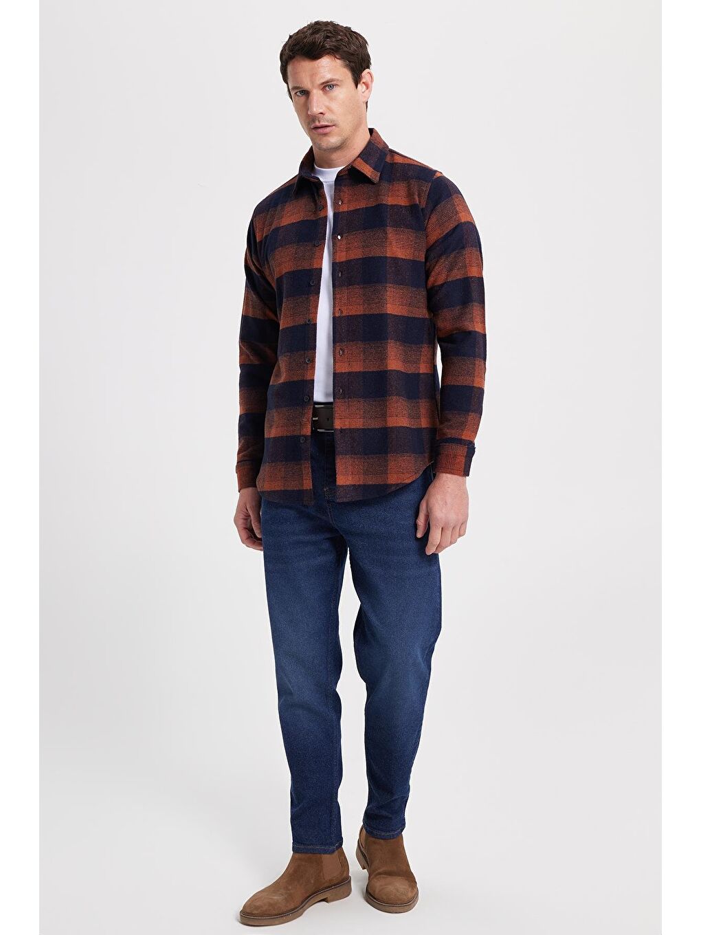 Kahverengi Erkek Slim Fit Dar Kesim Kareli Kışlık Oduncu Gömlek-2