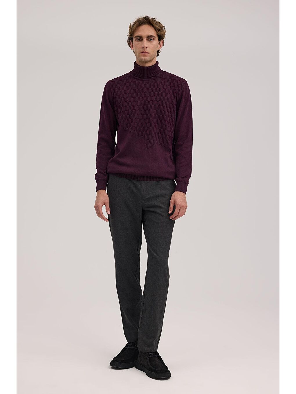 Mor Slim Fit Desenli Tam Balıkçı Yaka Triko-1