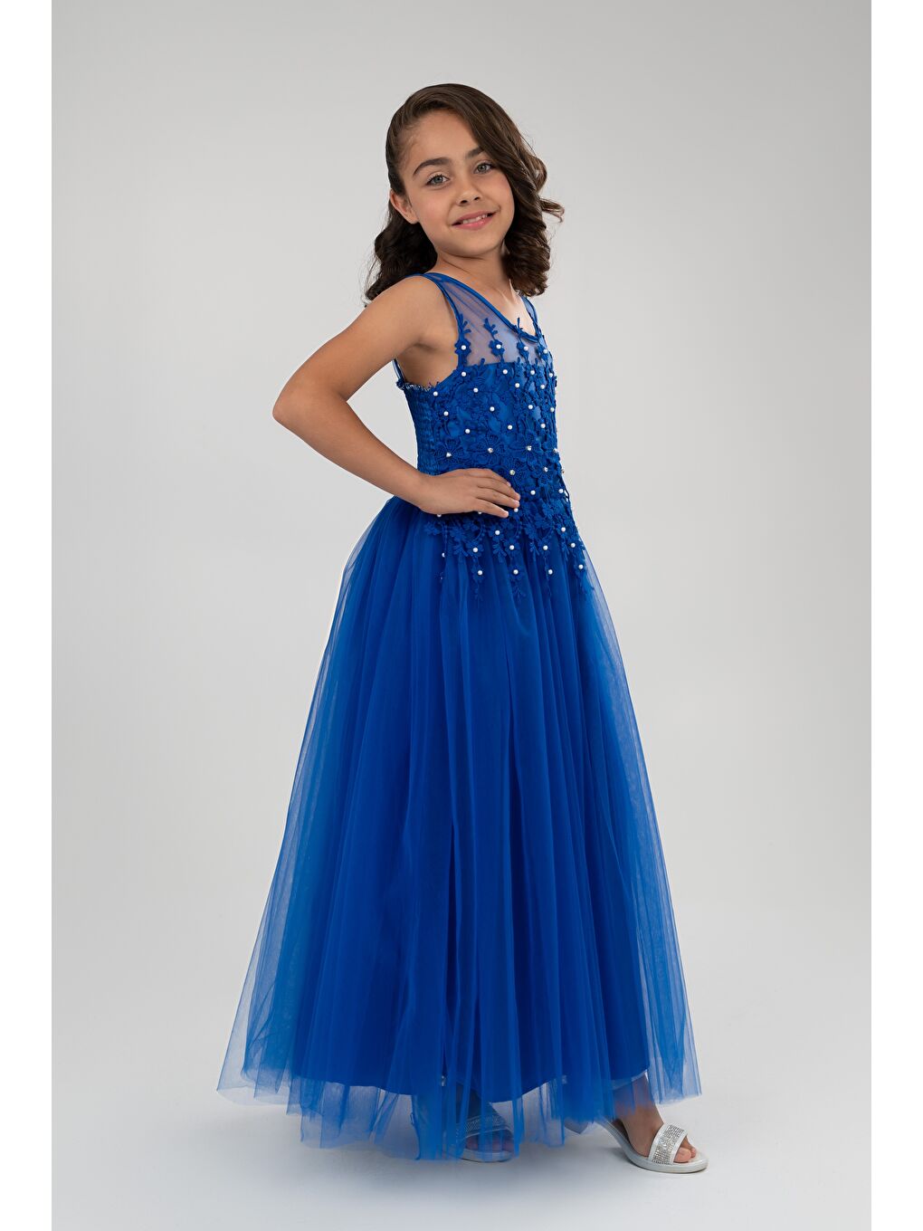 Mavi Güpür Model Gelinlik Çocuk Kolsuz Abiye MNK0469-3