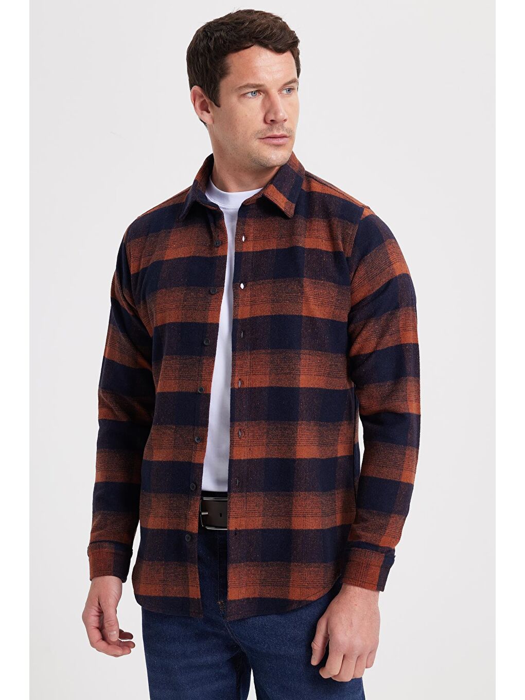 Kahverengi Erkek Slim Fit Dar Kesim Kareli Kışlık Oduncu Gömlek-6