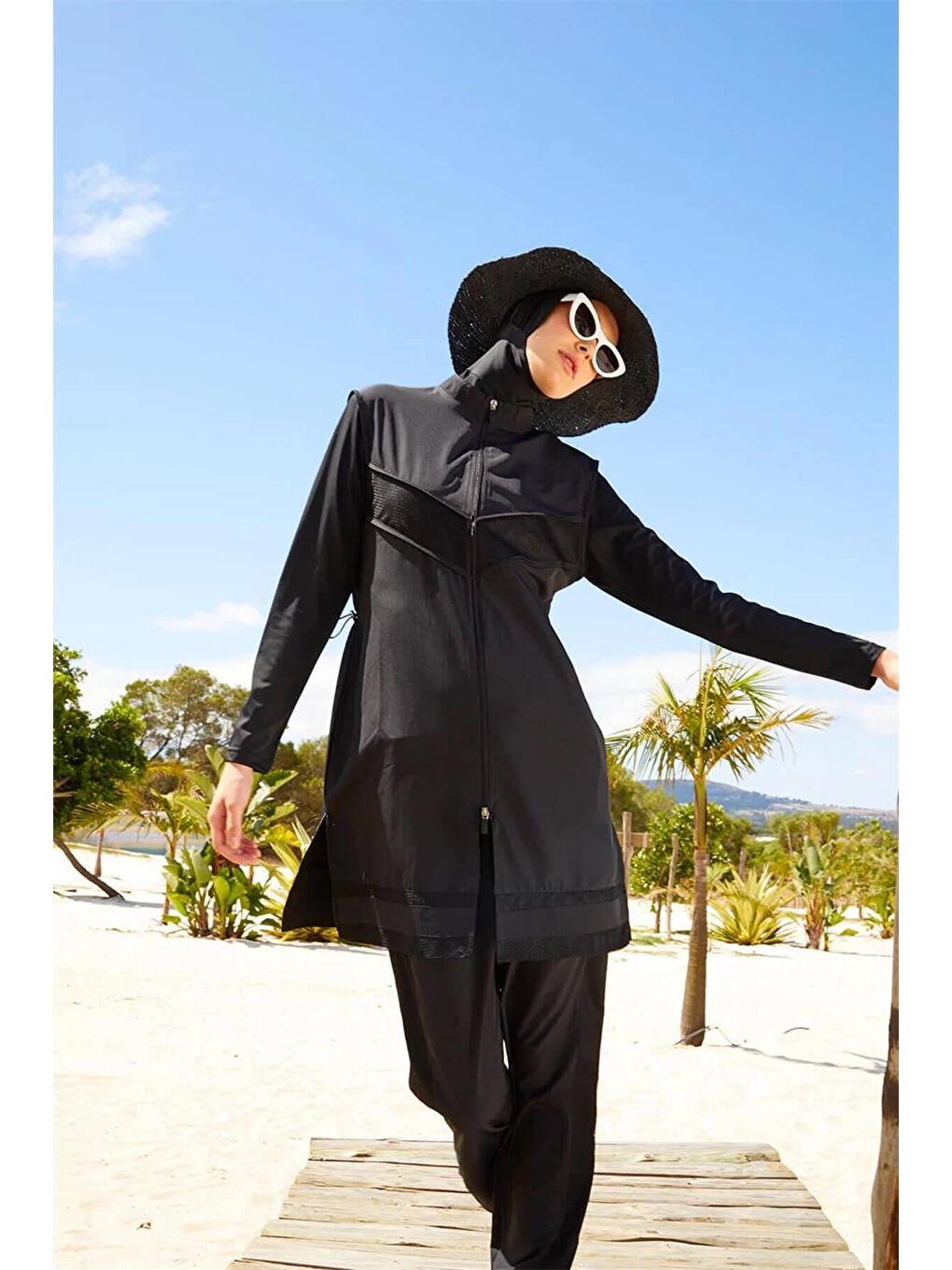 File Detaylı Siyah 5 Parça Tam Tesettür Mayo Takımı 2853-1