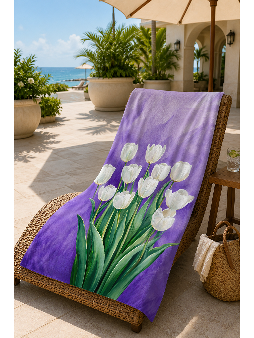 Kahverengi Mor Lale Çiçek Buketi Desenli 70x150 Plaj Havlusu-1