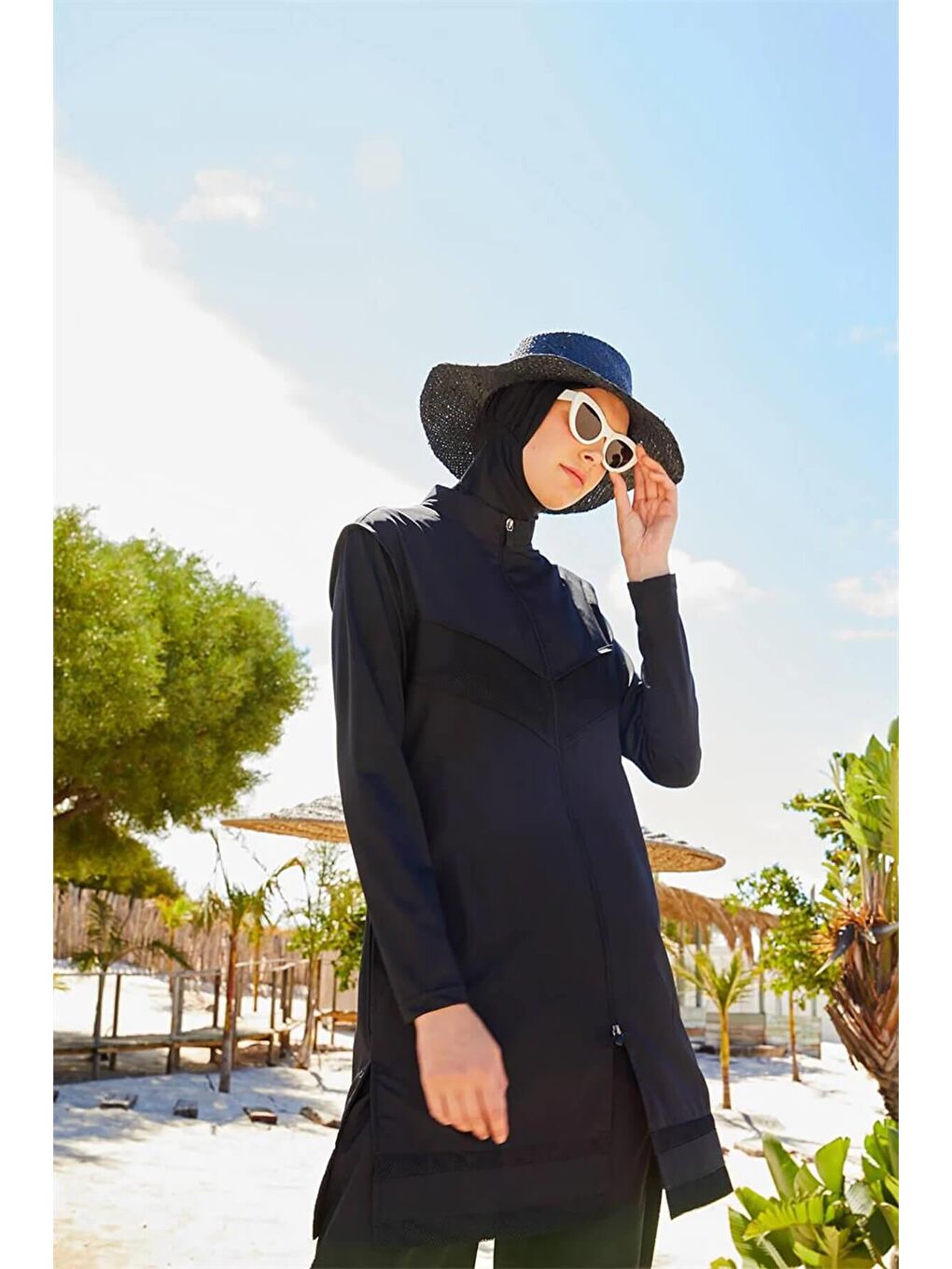 File Detaylı Siyah 5 Parça Tam Tesettür Mayo Takımı 2853-2