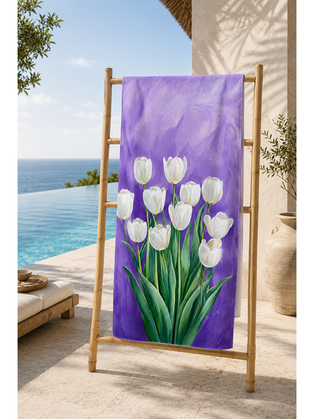 Kahverengi Mor Lale Çiçek Buketi Desenli 70x150 Plaj Havlusu-2
