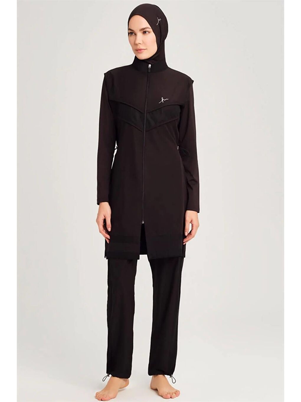 File Detaylı Siyah 5 Parça Tam Tesettür Mayo Takımı 2853-6