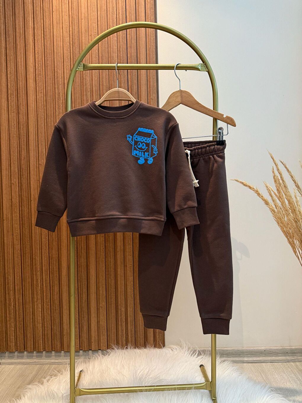 Erkek Çocuk Pamuklu Kahverengi Choco Milk Baskılı Eşofman Takım - Rahat Günlük Stil-6