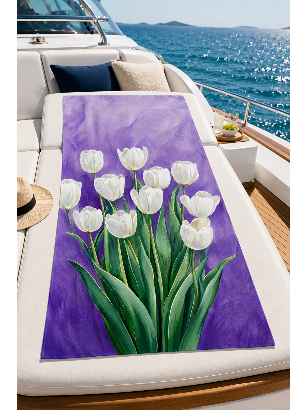 Kahverengi Mor Lale Çiçek Buketi Desenli 70x150 Plaj Havlusu-3