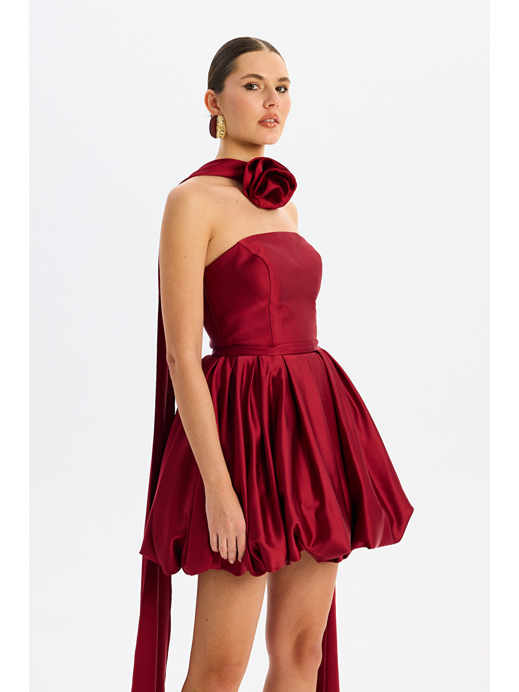 Bordo Balon Etek Güllü Saten Abiye Elbise-3