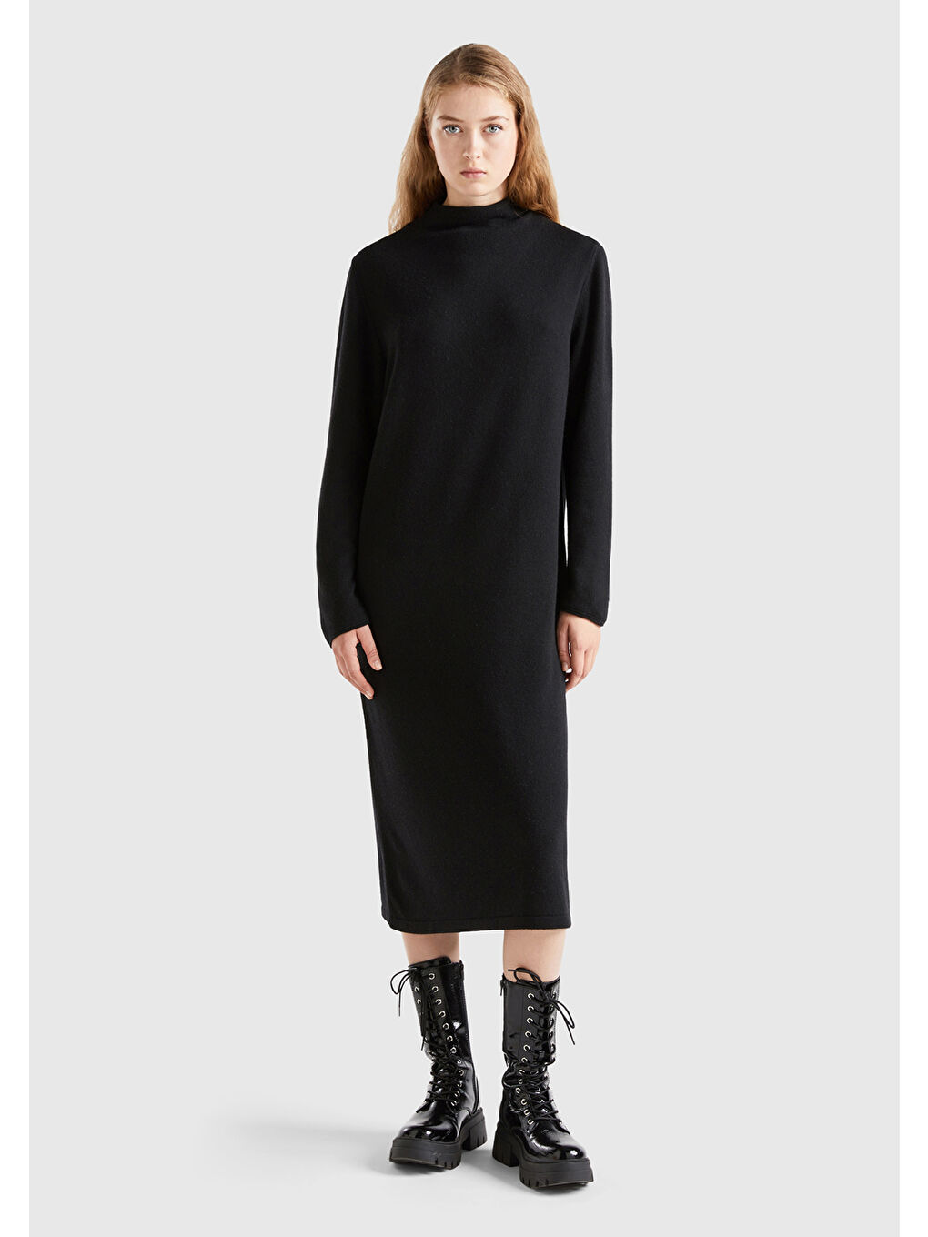 Kadın Siyah Kaşmir Karışımlı Dik Yaka Elbise