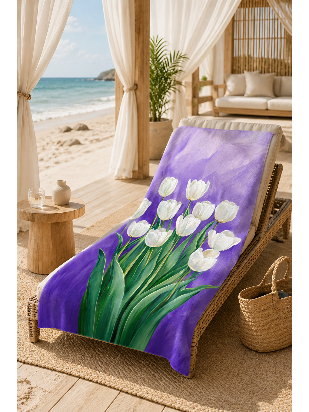 Kahverengi Mor Lale Çiçek Buketi Desenli 70x150 Plaj Havlusu-4