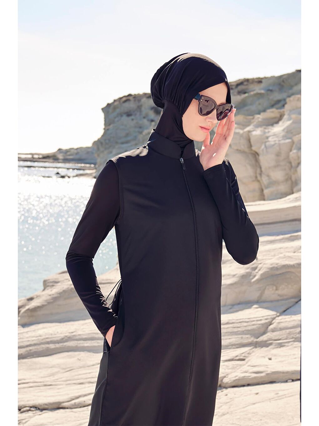 Tam Boy Siyah Jileli 4 Parça Tam Tesettür Mayo Takımı 6021-1