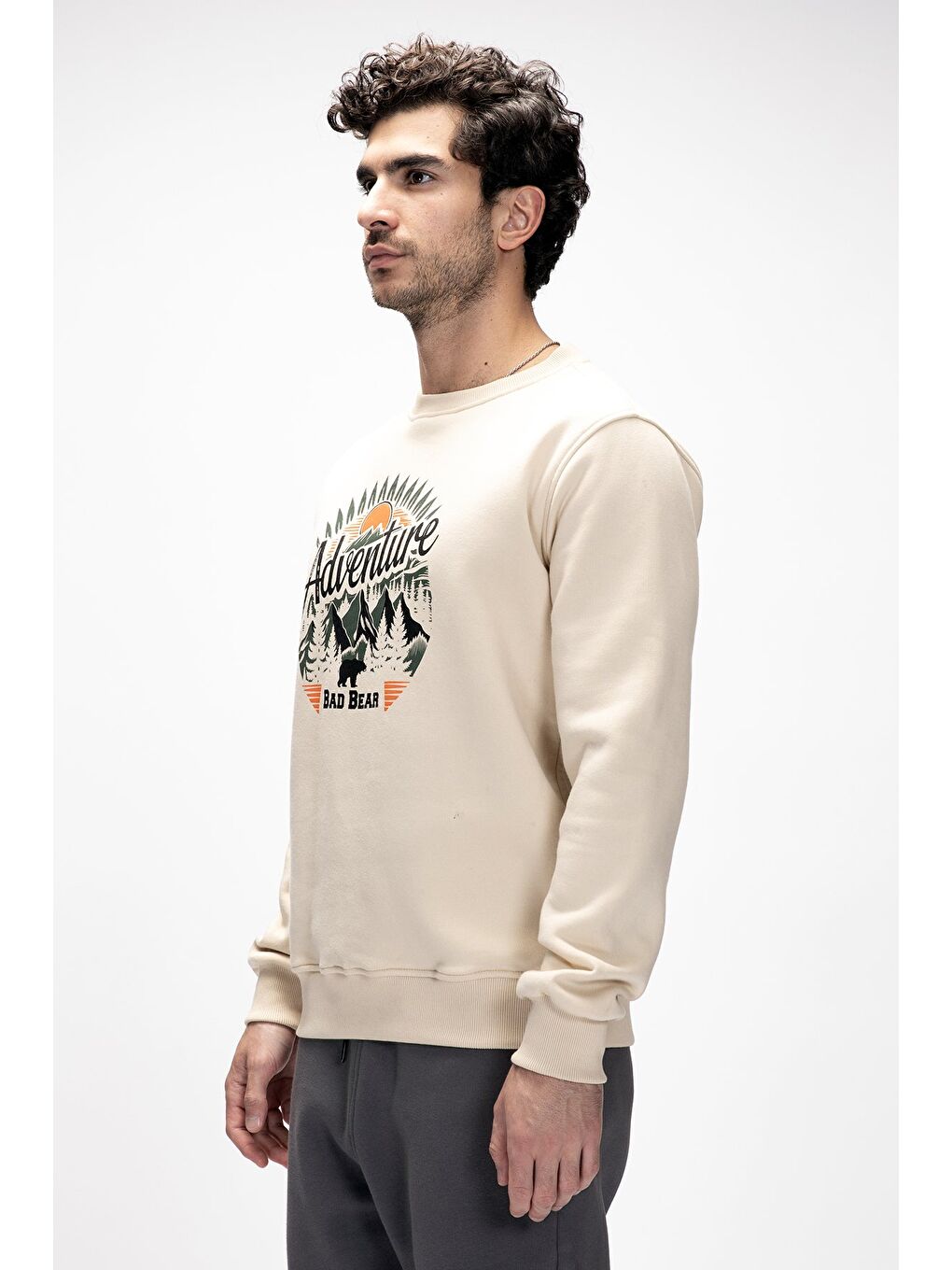 Adventure Bej Crewneck Erkek Baskılı Sweatshirt-1