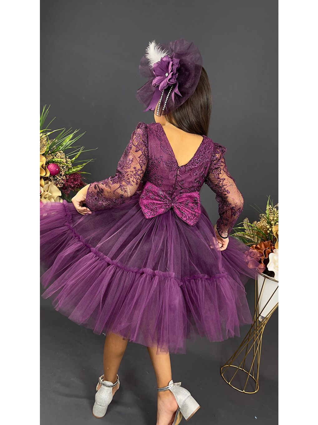 Mor Uzun Kol Güpürlü Tokalı Vintage Abiye Elbise MNK0472-9