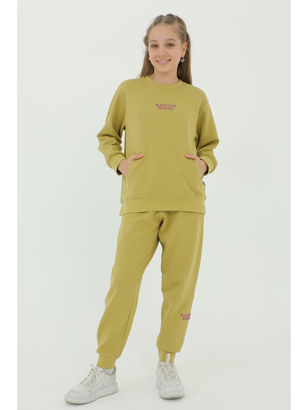 Yeşil Kız Çocuk Bisiklet Yaka Baskı Detaylı Ayarlanabilir Lastik Bel Eşofman Takımı