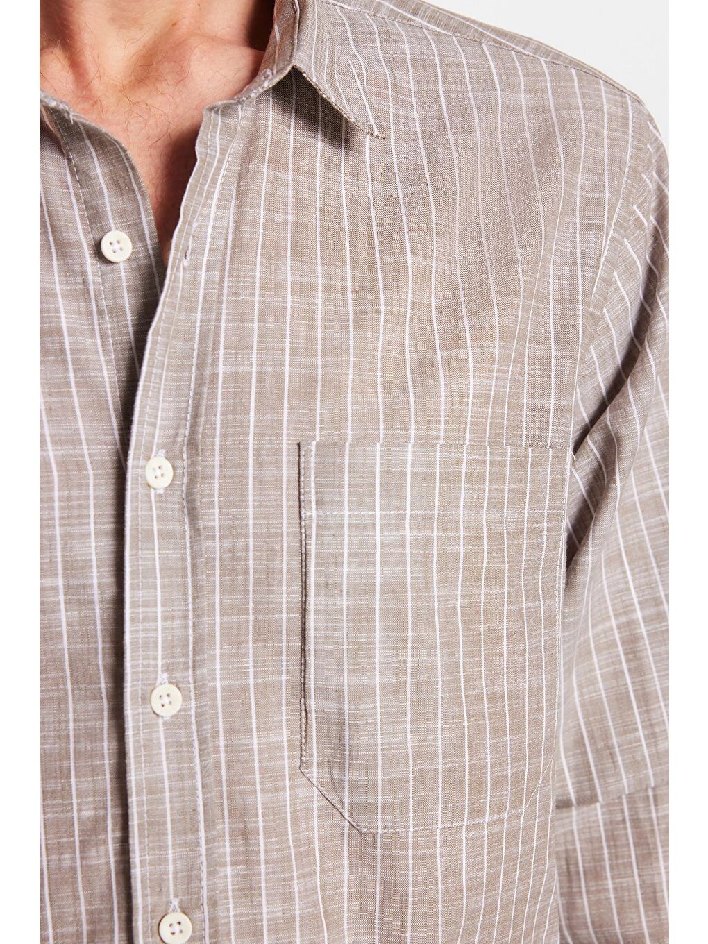 Erkek Regular Fit Klasik Kesim Uzun Kollu %100 Pamuk Keten Doku Tek Cepli Çizgili Kahverengi Gömlek-2