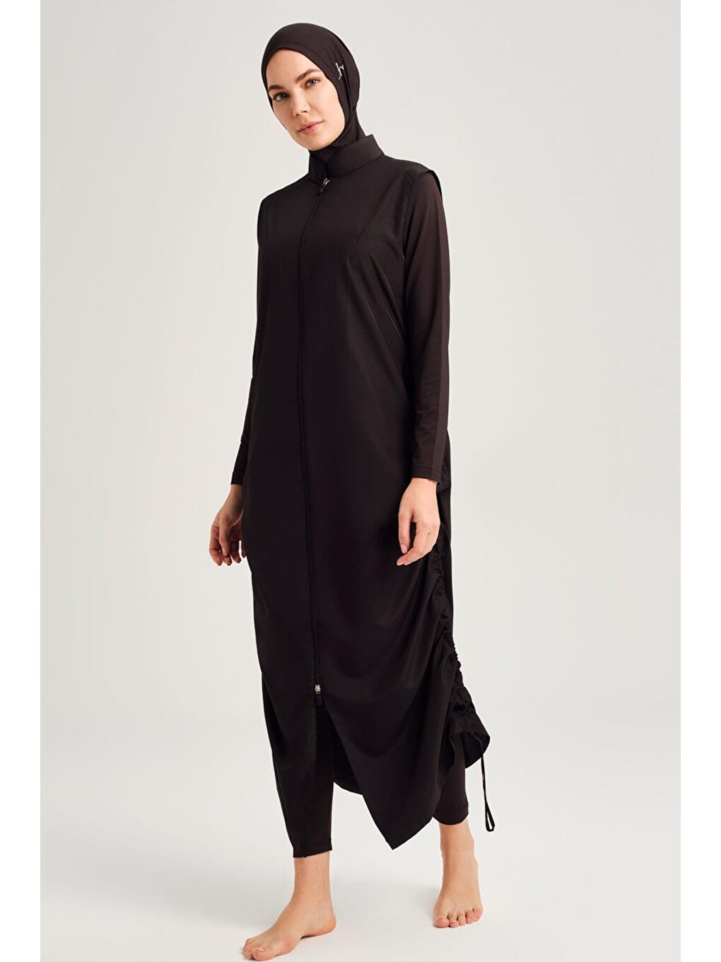 Tam Boy Siyah Jileli 4 Parça Tam Tesettür Mayo Takımı 6021-4