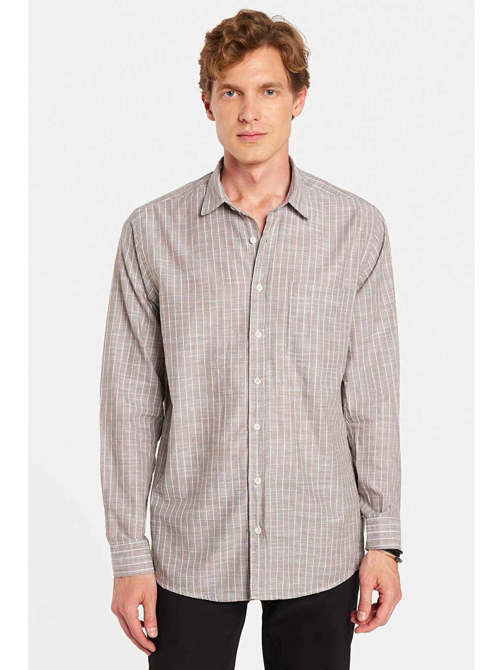 Erkek Regular Fit Klasik Kesim Uzun Kollu %100 Pamuk Keten Doku Tek Cepli Çizgili Kahverengi Gömlek-3