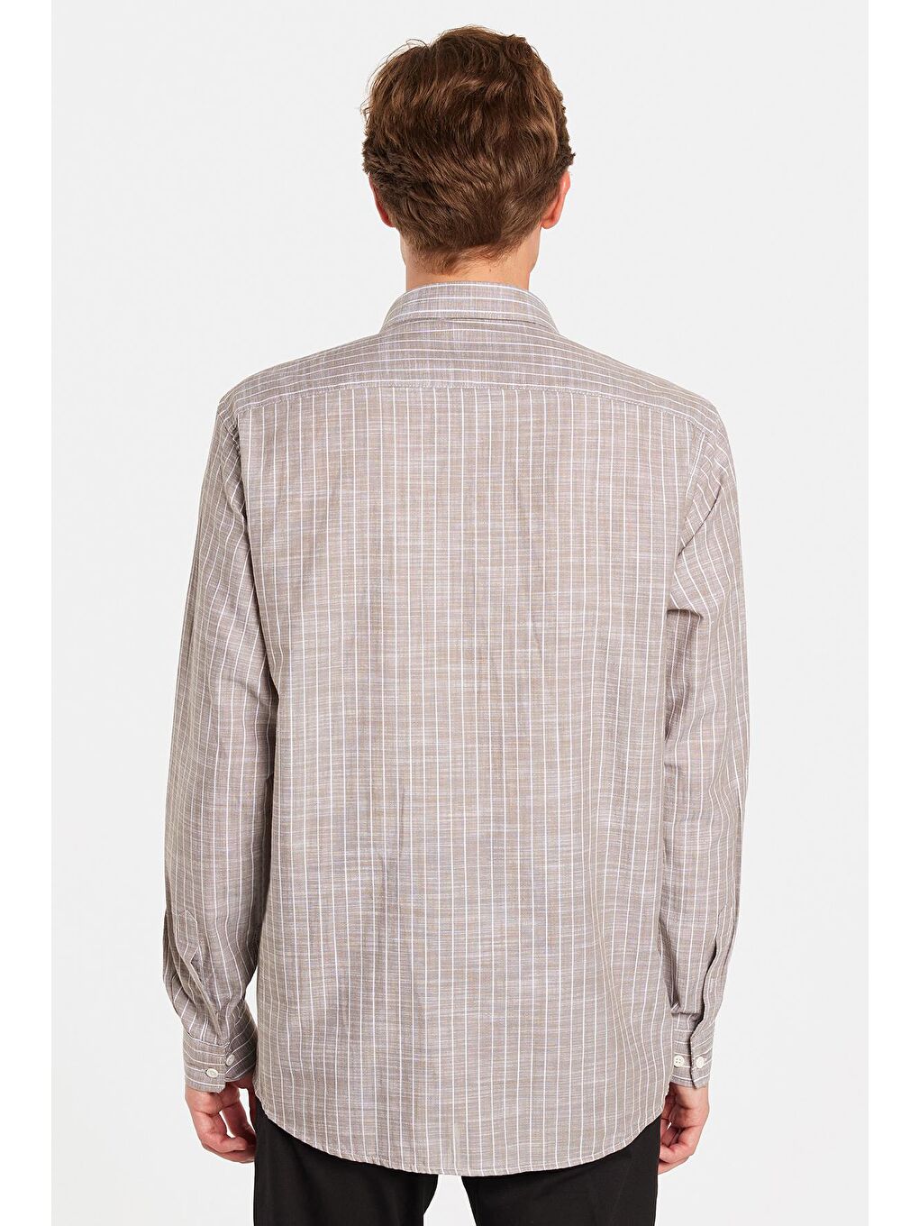 Erkek Regular Fit Klasik Kesim Uzun Kollu %100 Pamuk Keten Doku Tek Cepli Çizgili Kahverengi Gömlek-4