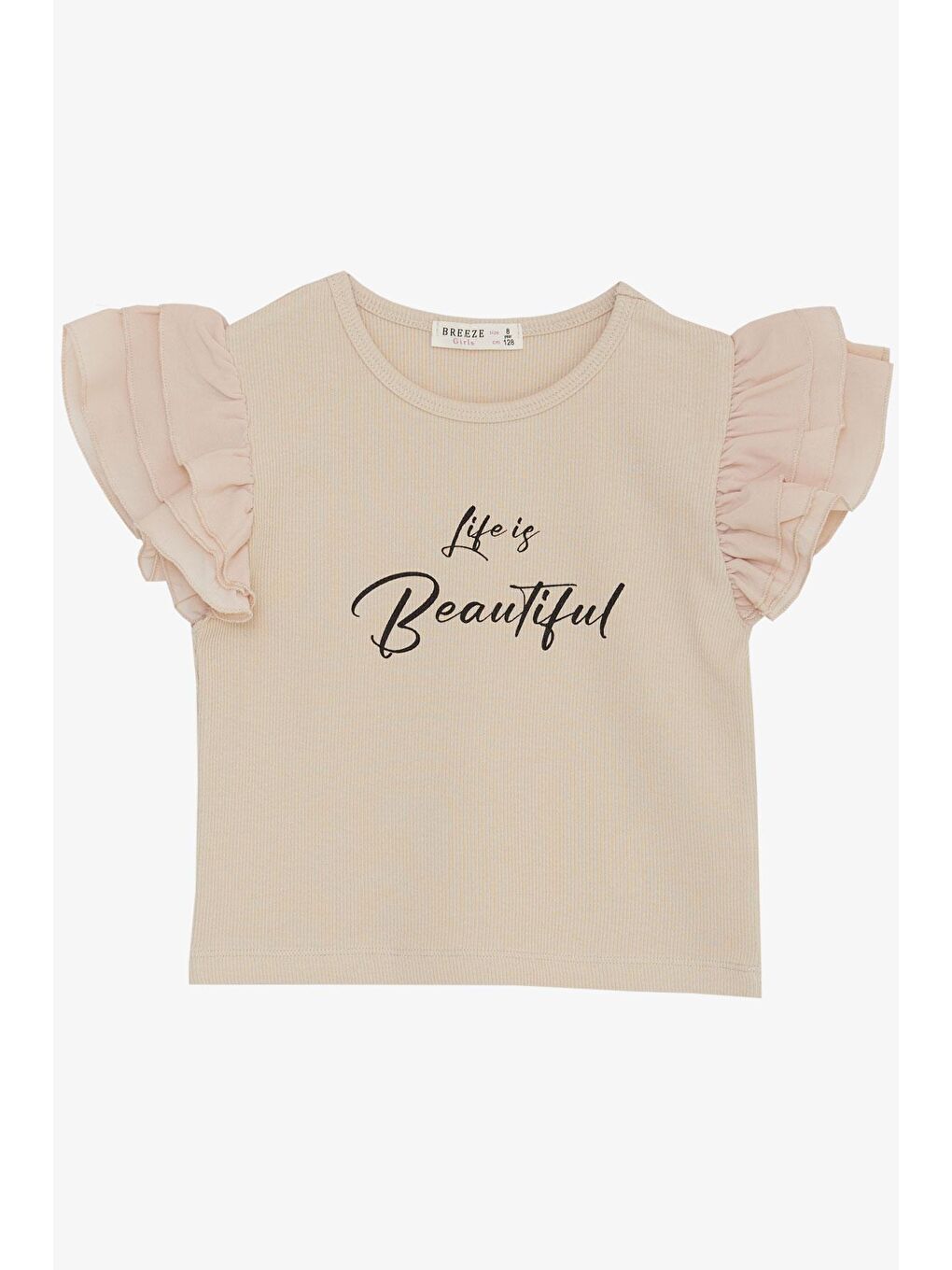Kız Çocuk Tişört Kemer Boy Kolları Krep Kumaş Fırfırlı Yazı Baskılı Bej (8-12 Yaş)