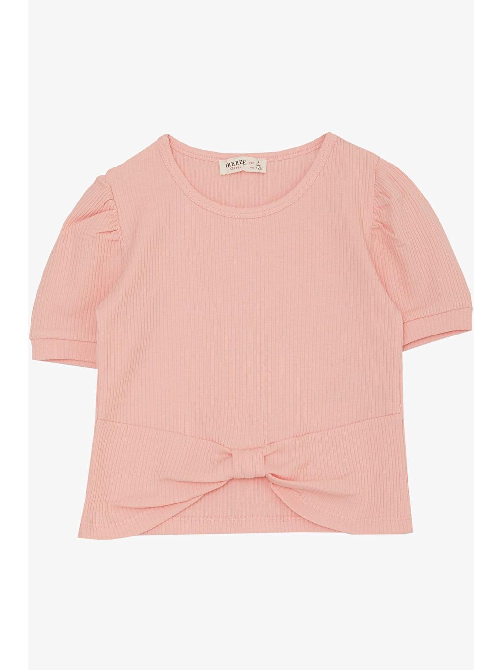 Pembe Kız Çocuk Crop Tişört Göbek Dekolte Detaylı Somon (8-14 Yaş)