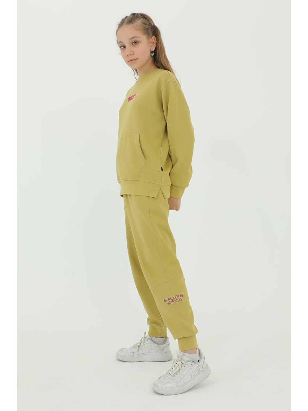 Yeşil Kız Çocuk Bisiklet Yaka Baskı Detaylı Ayarlanabilir Lastik Bel Eşofman Takımı-1