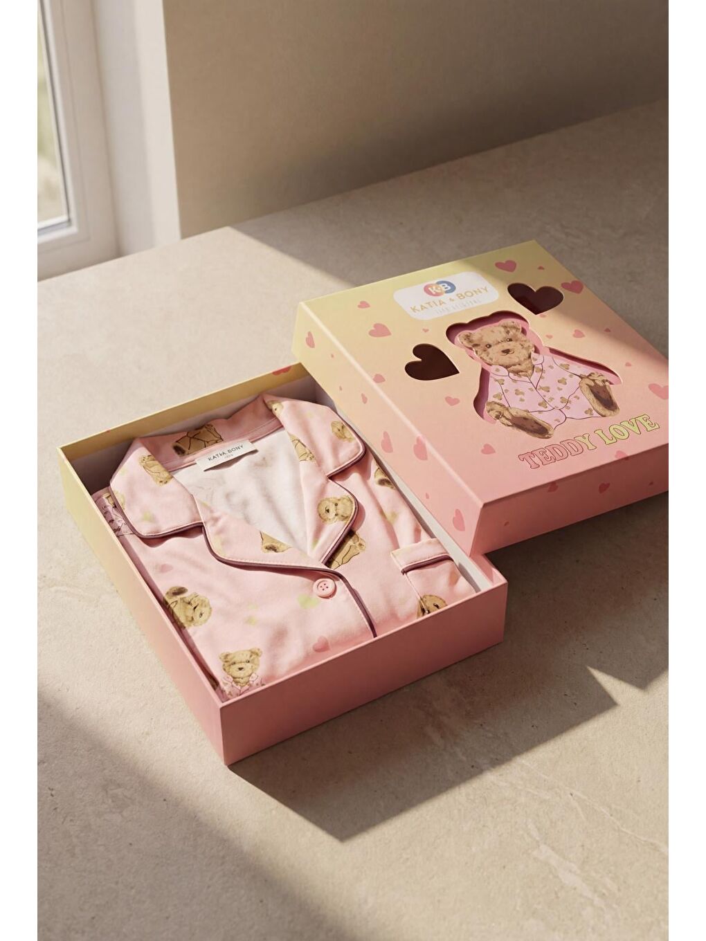 Pembe Kız Çocuk Teddy Desenli 3D Kutulu Pijama Takımı-1