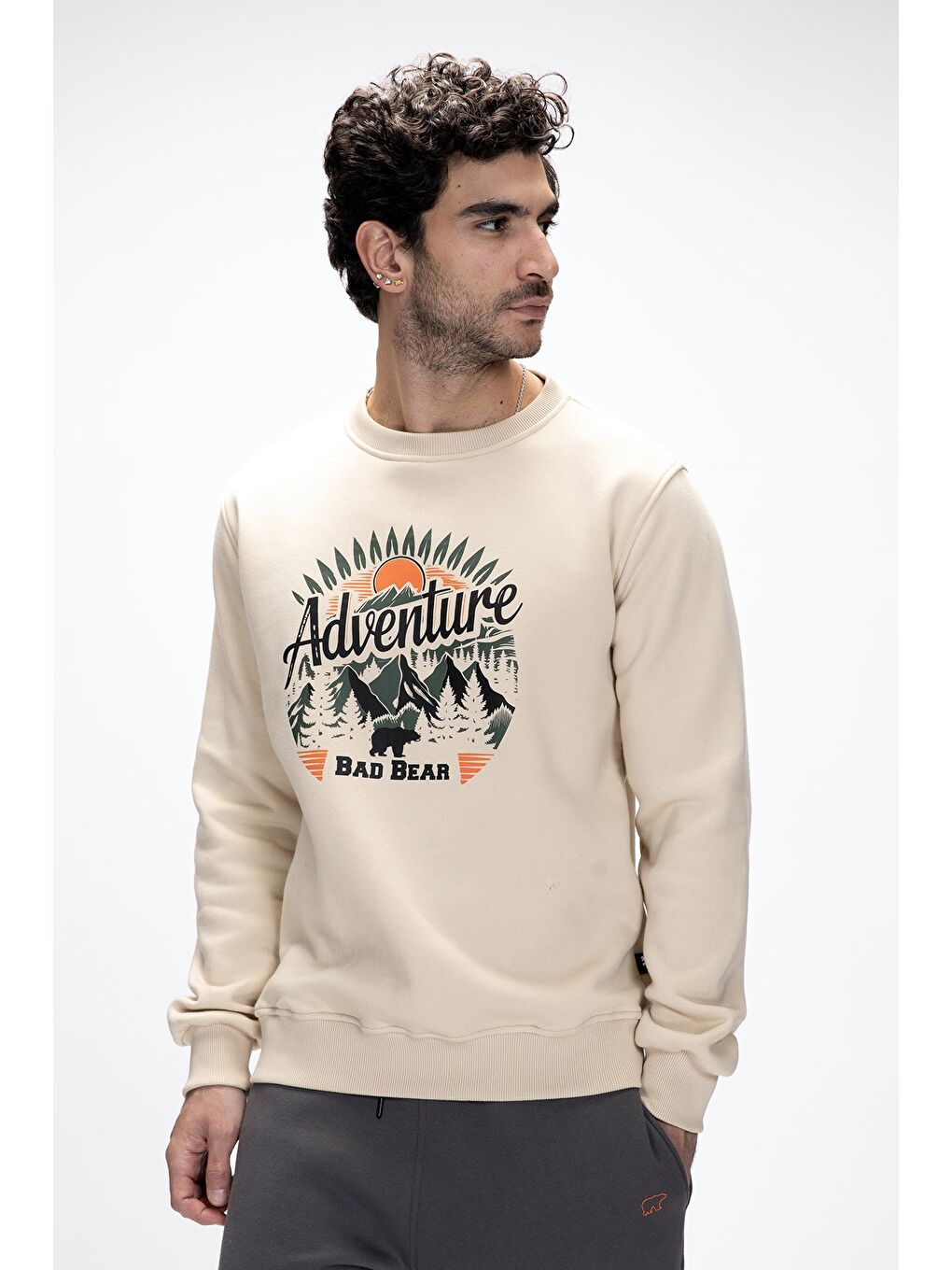 Adventure Bej Crewneck Erkek Baskılı Sweatshirt-3
