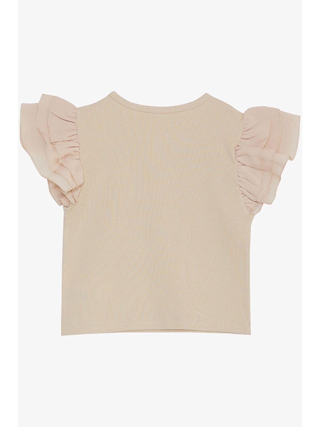 Kız Çocuk Tişört Kemer Boy Kolları Krep Kumaş Fırfırlı Yazı Baskılı Bej (8-12 Yaş)-1