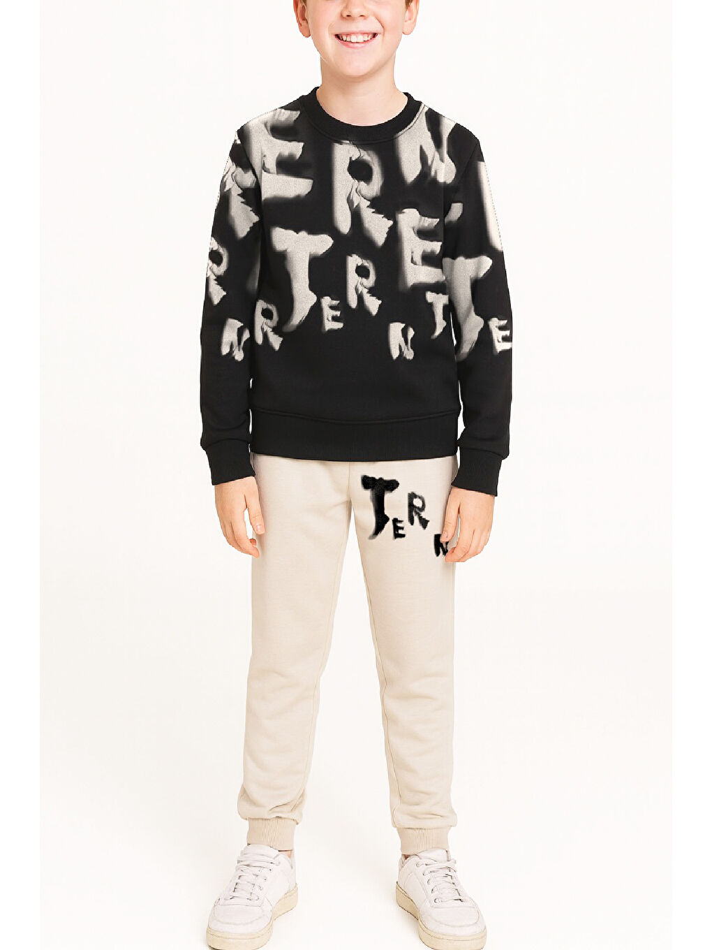 Ekru Erkek Çocuk 2 İplik Şardonsuz Alt-Üst Takım Yazı Baskılı 3-10 Yaş 12413