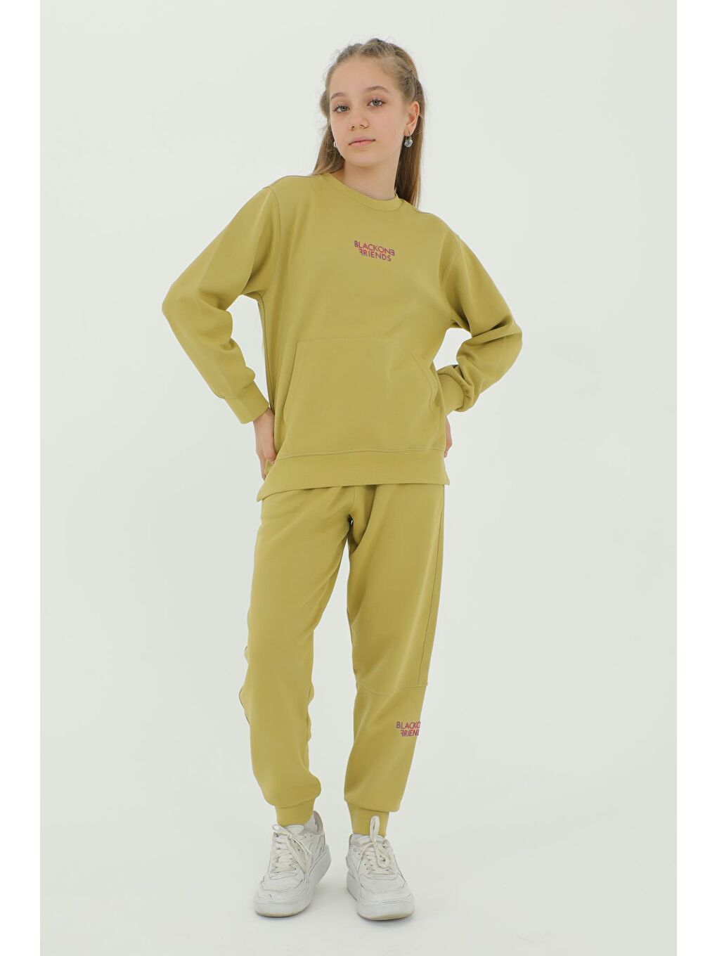 Yeşil Kız Çocuk Bisiklet Yaka Baskı Detaylı Ayarlanabilir Lastik Bel Eşofman Takımı-2