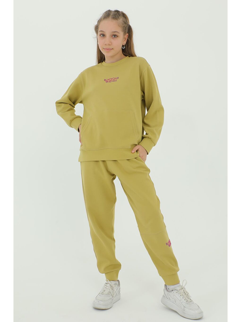 Yeşil Kız Çocuk Bisiklet Yaka Baskı Detaylı Ayarlanabilir Lastik Bel Eşofman Takımı-3