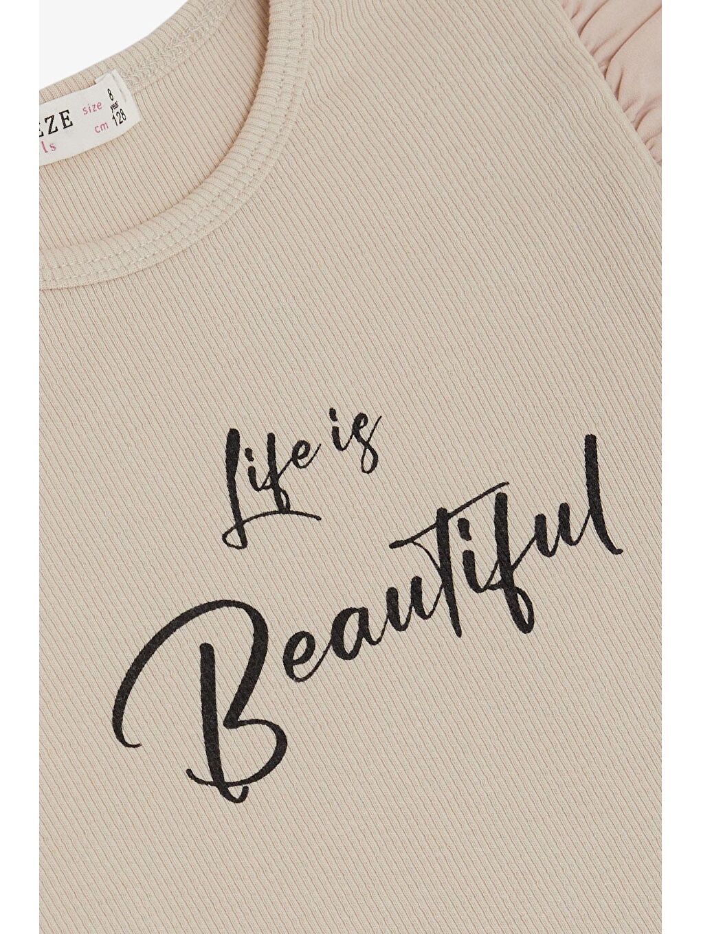 Kız Çocuk Tişört Kemer Boy Kolları Krep Kumaş Fırfırlı Yazı Baskılı Bej (8-12 Yaş)-3