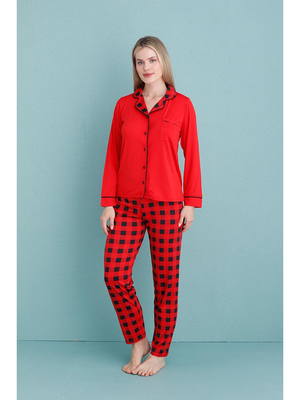 Kırmızı Kadın Milan Genç Önden Düğmeli Pijama Takımı | Nar Çiçeği 50904-657