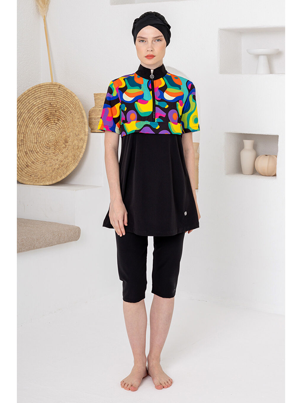 UV Korumalı Spor Elastan Kısa Kol Yarı Kapalı Tesettür Mayo 1609 Siyah-1