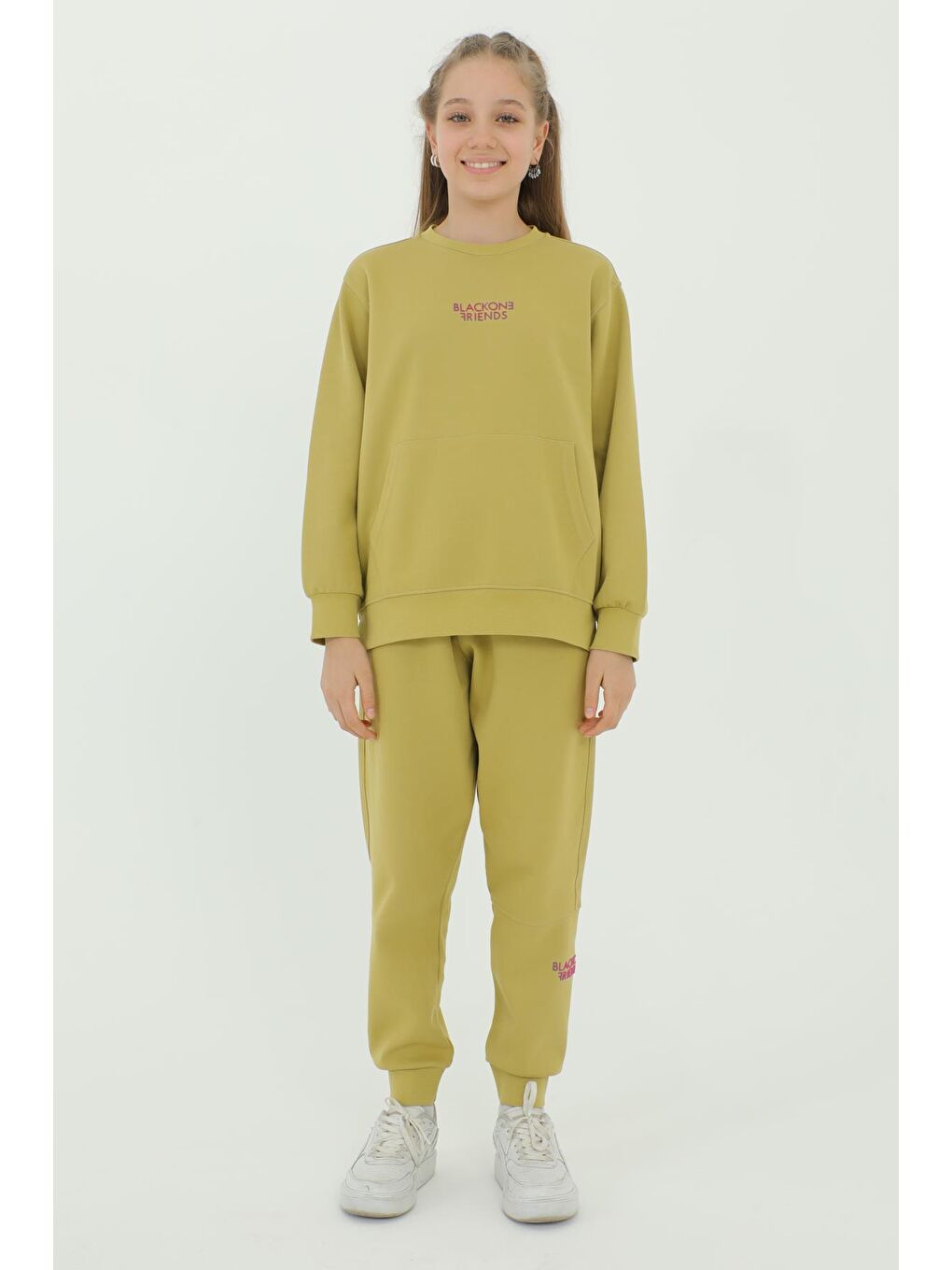 Yeşil Kız Çocuk Bisiklet Yaka Baskı Detaylı Ayarlanabilir Lastik Bel Eşofman Takımı-4