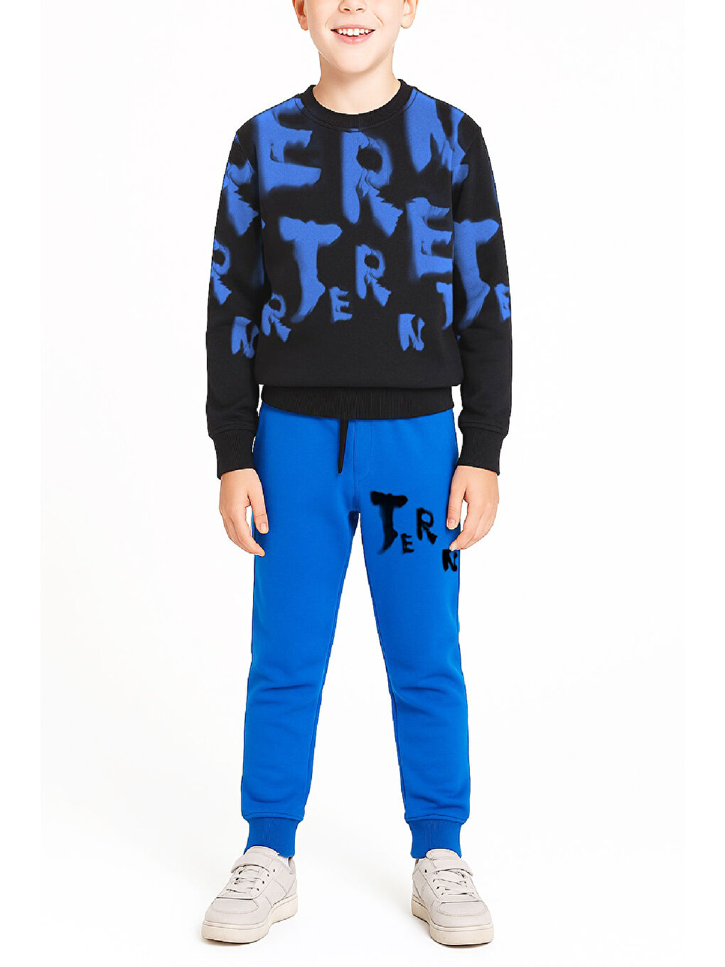 Mavi Erkek Çocuk 2 İplik Şardonsuz Alt-Üst Takım Yazı Baskılı 3-10 Yaş 12413