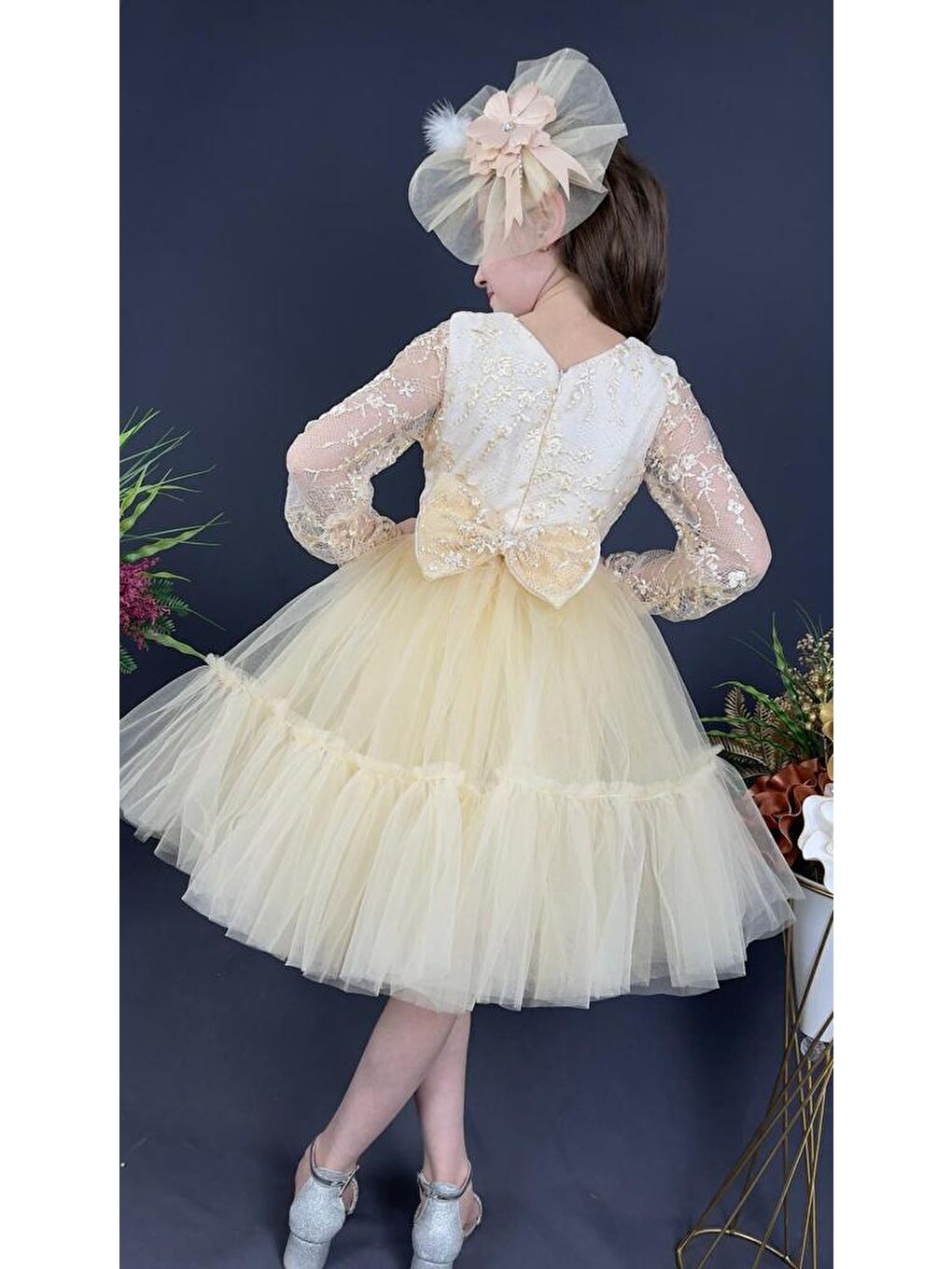 Ekru Uzun Kol Güpürlü Tokalı Vintage Abiye Elbise MNK0472-9