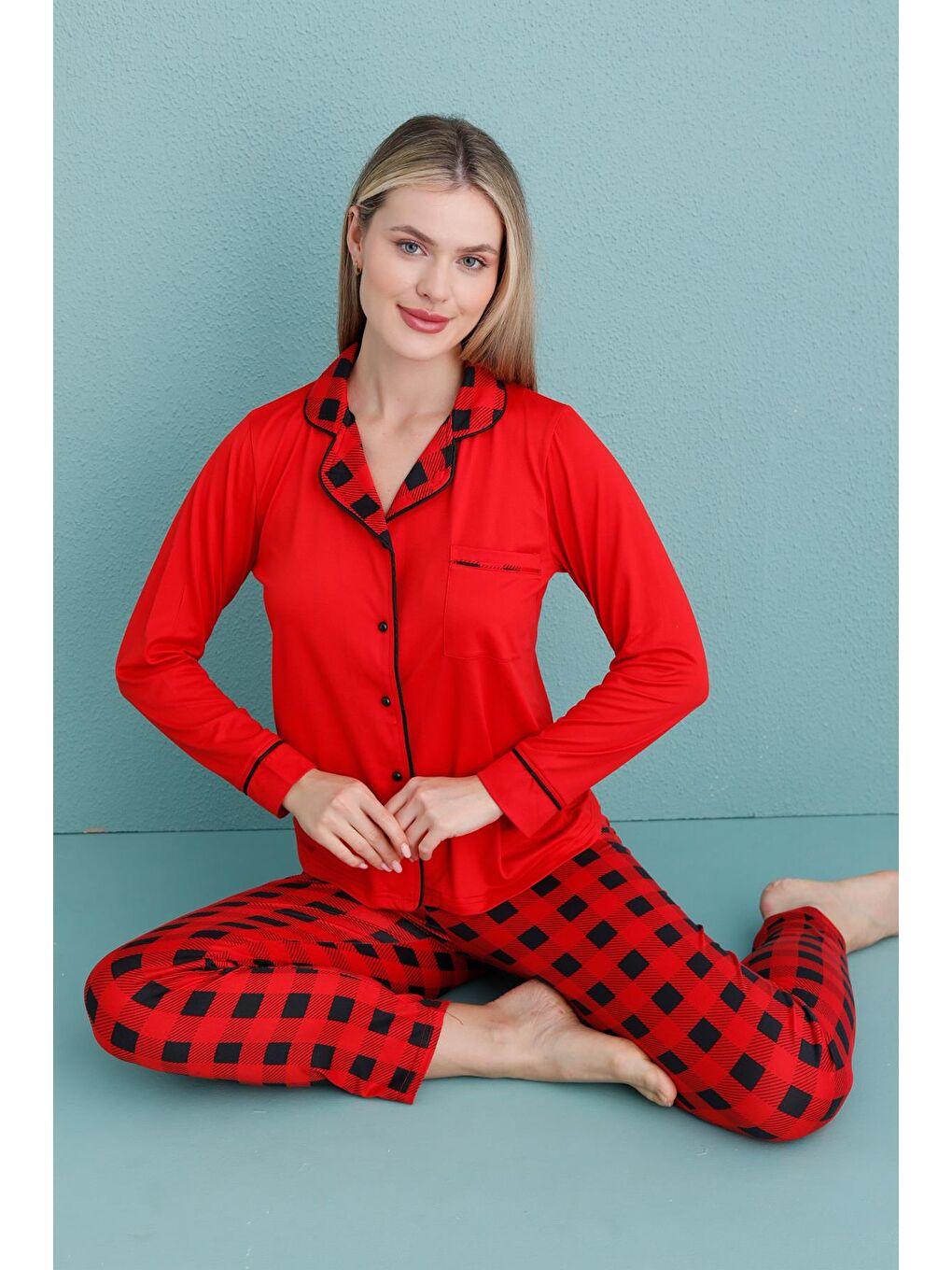 Kırmızı Kadın Milan Genç Önden Düğmeli Pijama Takımı | Nar Çiçeği 50904-657-1