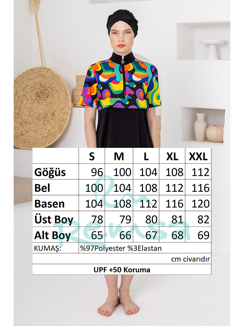 UV Korumalı Spor Elastan Kısa Kol Yarı Kapalı Tesettür Mayo 1609 Siyah-4