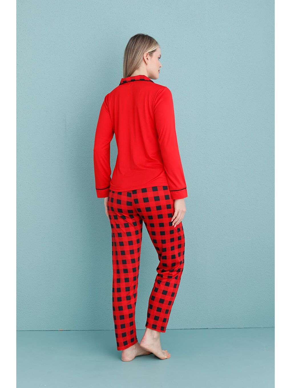 Kırmızı Kadın Milan Genç Önden Düğmeli Pijama Takımı | Nar Çiçeği 50904-657-2