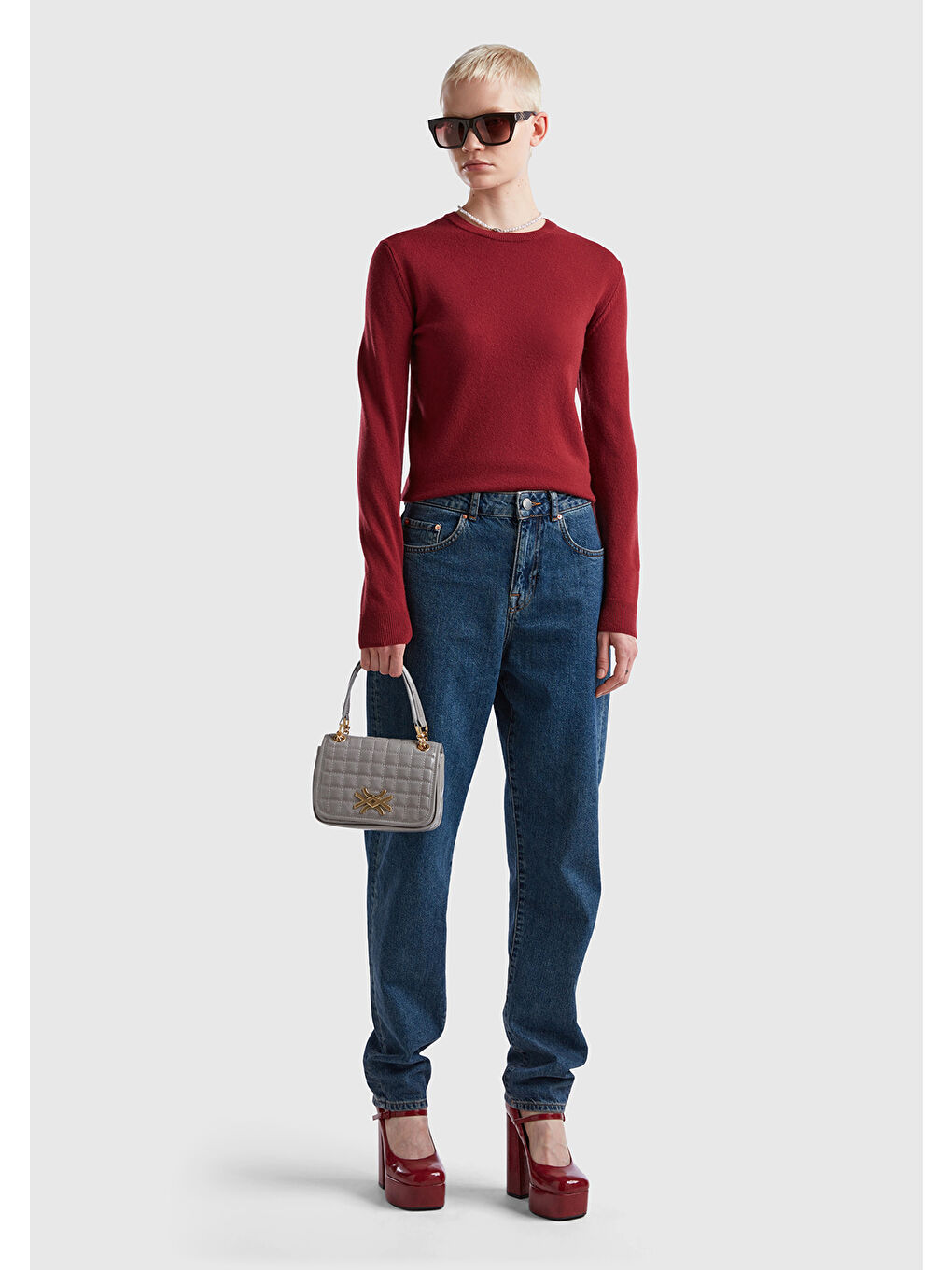 Kırmızı Kadın Vişne Çürüğü Bisiklet Yaka Merino Kazak-4