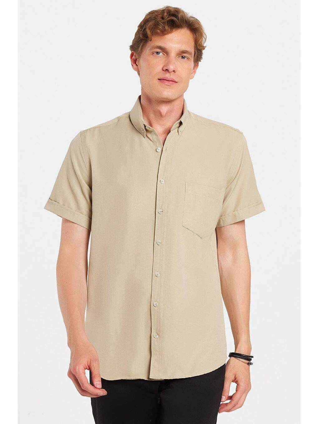 Bej Erkek Klasik Regular Fit Rahat Kesim Düğmeli Spor Yaka Oxford Pamuklu Kısa Kol Taş Gömlek-3